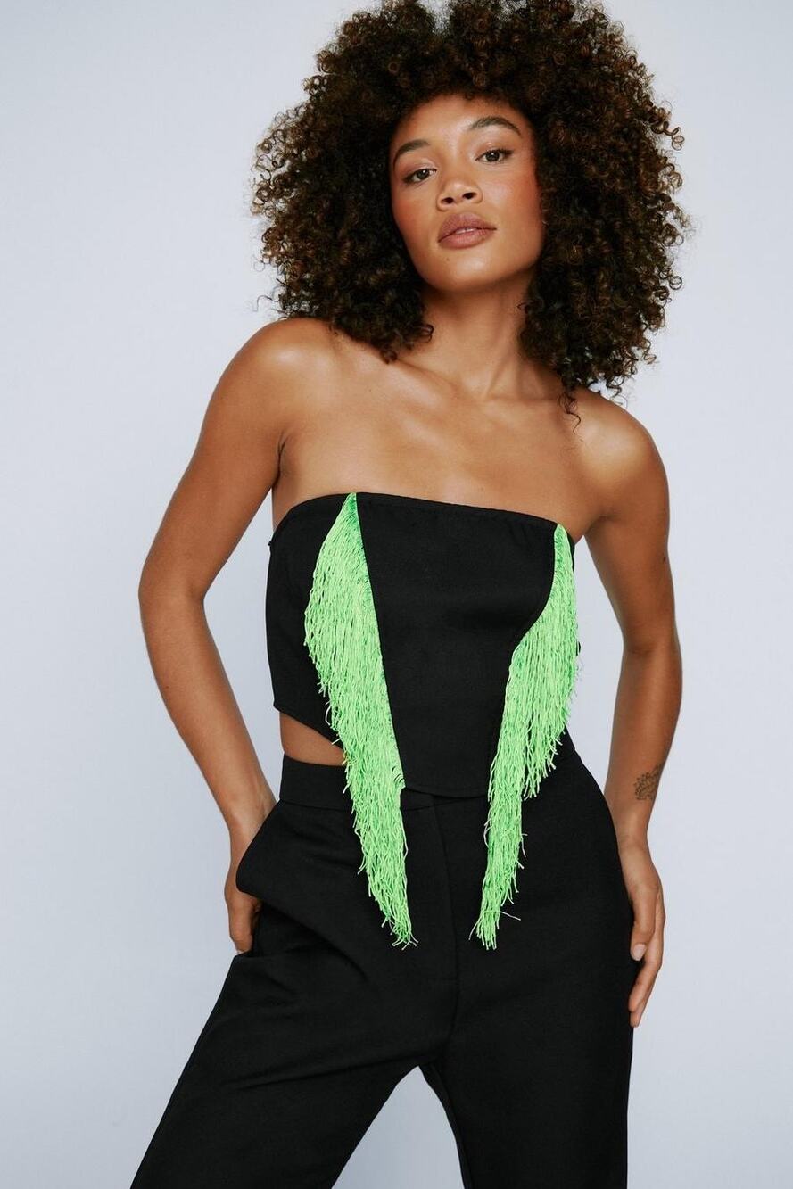 Nasty Gal Premium Fringed Bustier Top black with Green fringe size 8